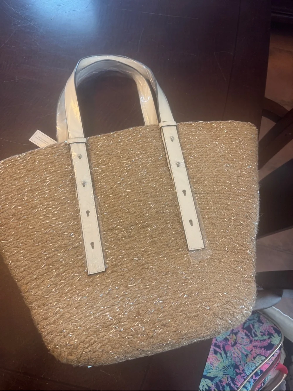 Woven Straw Tote Bag with White Leather Straps
